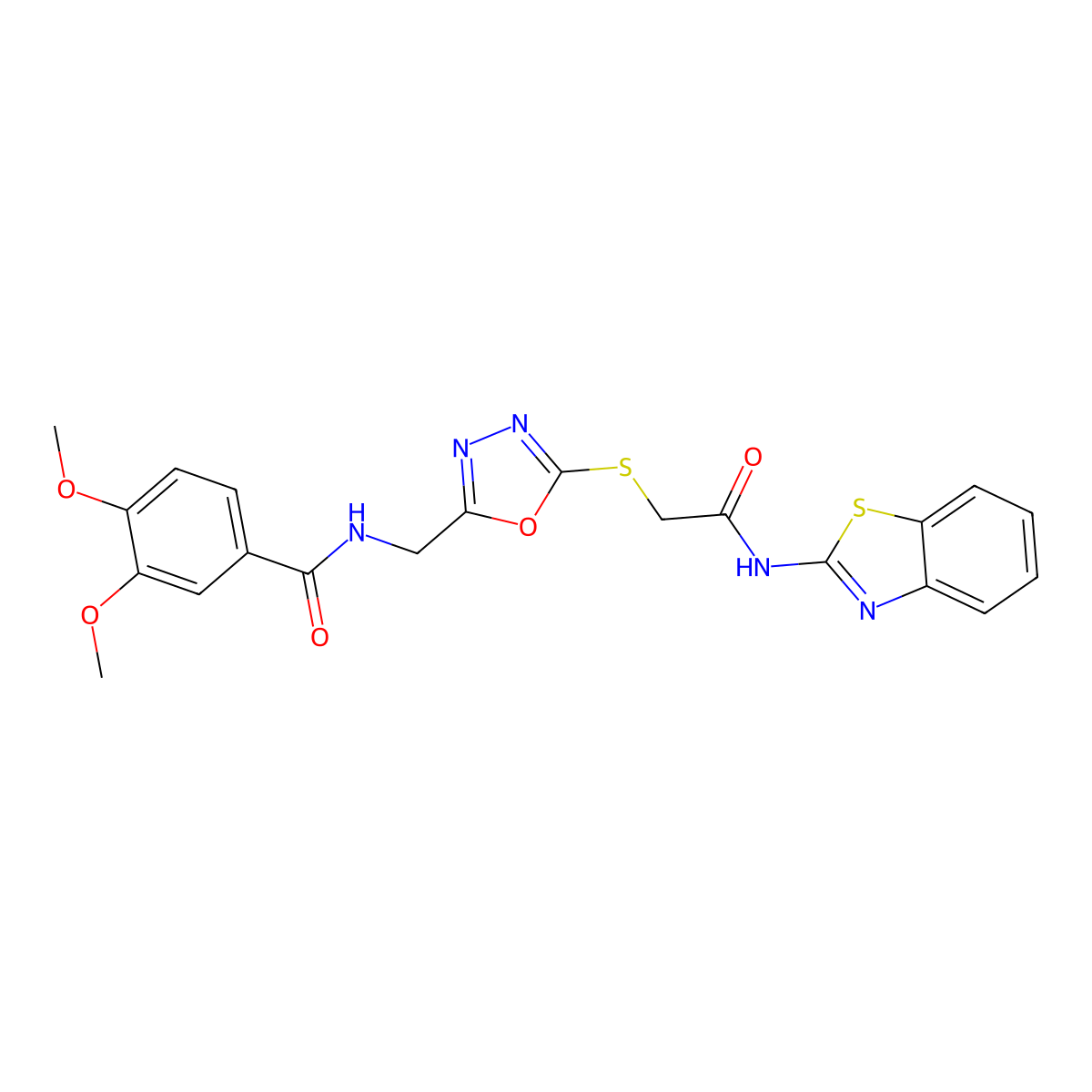 N-((5-((2-(benzo[d]thiazol-2-ylamino)-2-oxoethyl)thio)-1,3,4-oxadiazol-2-yl)methyl)-3,4-dimethoxybenzamide molecular structure, CAS 851862-82-3