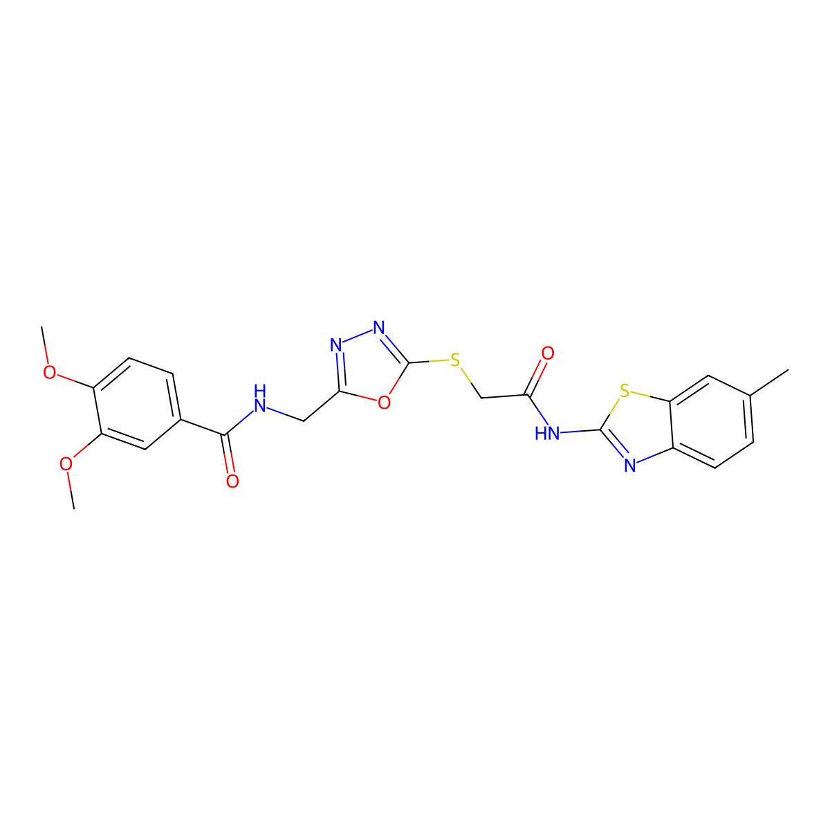 3,4-dimethoxy-N-((5-((2-((6-methylbenzo[d]thiazol-2-yl)amino)-2-oxoethyl)thio)-1,3,4-oxadiazol-2-yl)methyl)benzamide molecular structure, CAS 851862-83-4