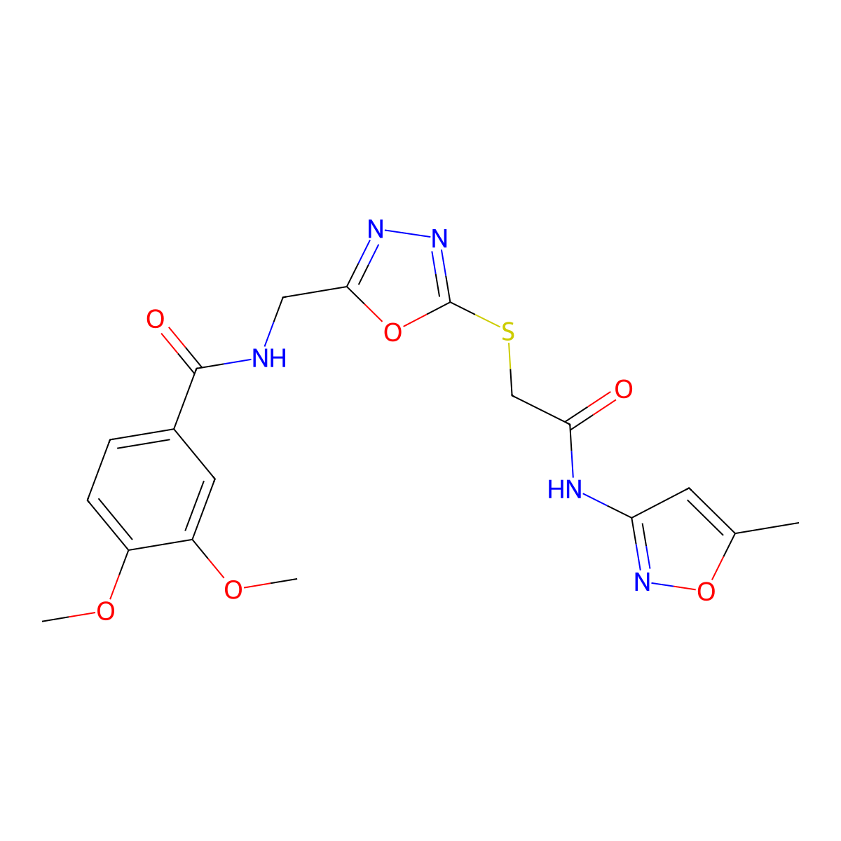 3,4-dimethoxy-N-((5-((2-((5-methylisoxazol-3-yl)amino)-2-oxoethyl)thio)-1,3,4-oxadiazol-2-yl)methyl)benzamide molecular structure, CAS 851862-85-6