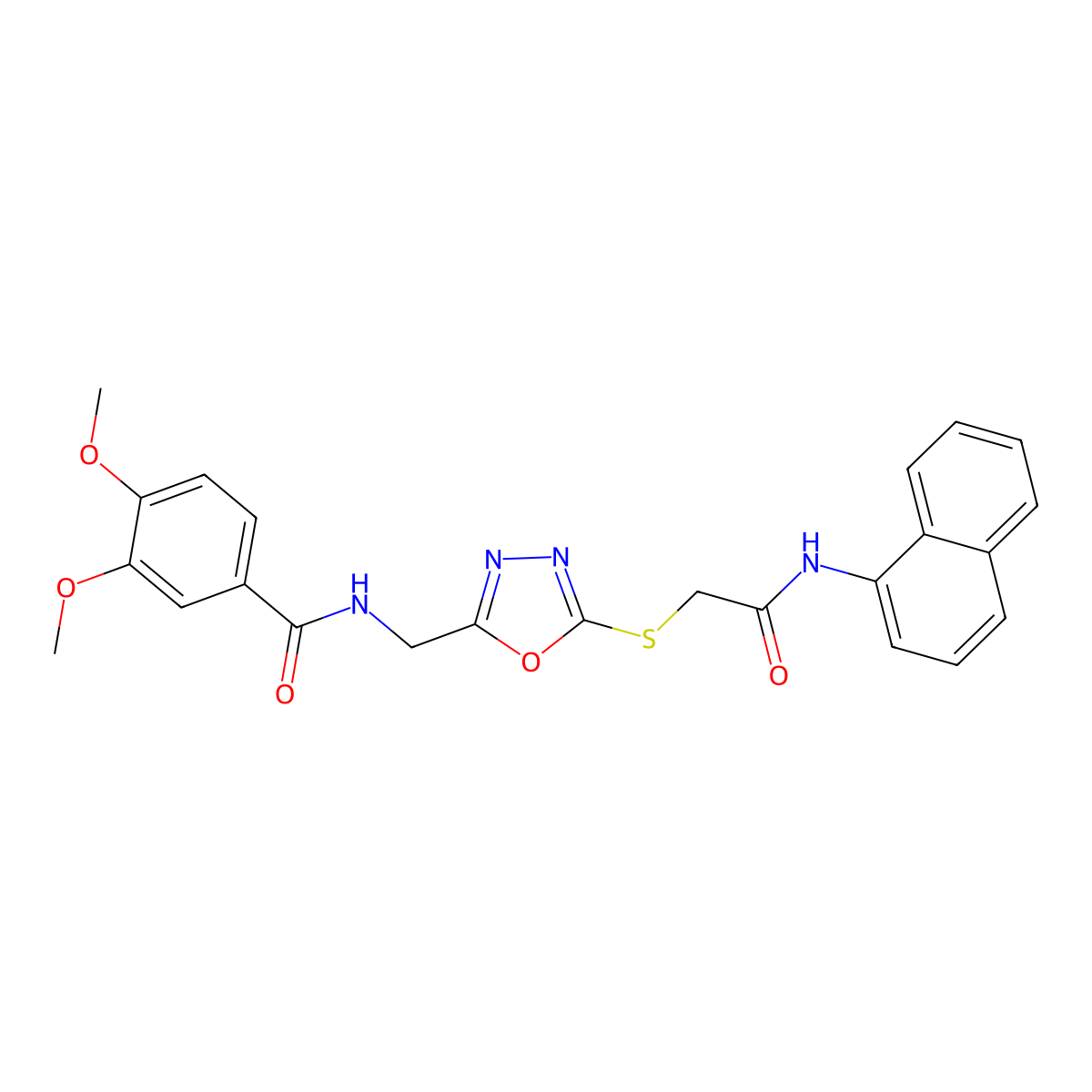 3,4-dimethoxy-N-[[5-[2-(naphthalen-1-ylamino)-2-oxoethyl]sulfanyl-1,3,4-oxadiazol-2-yl]methyl]benzamide molecular structure, CAS 851862-86-7