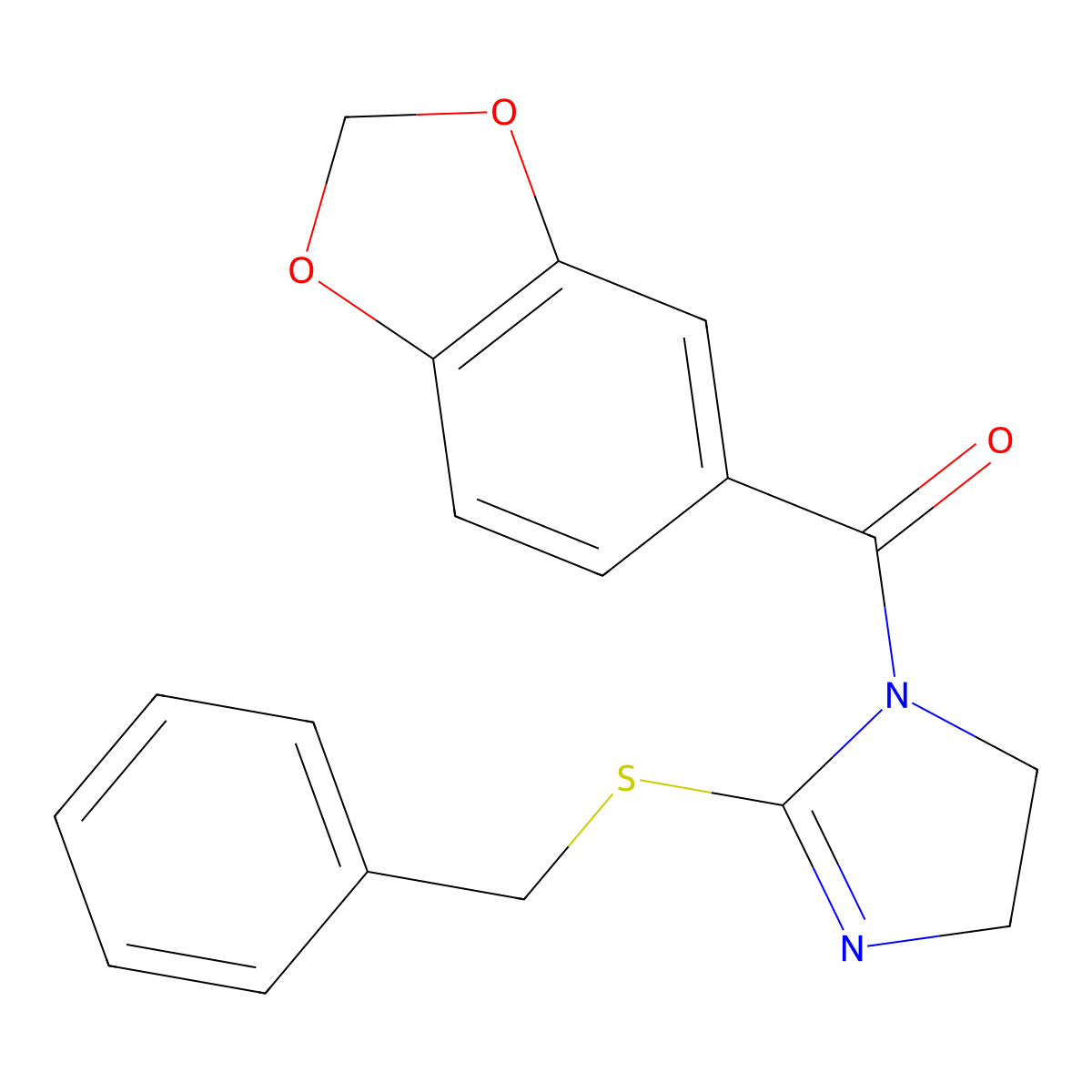 1,3-Benzodioxol-5-yl-[2-(phenylmethylthio)-4,5-dihydroimidazol-1-yl]methanone molecular structure, CAS 851863-85-9