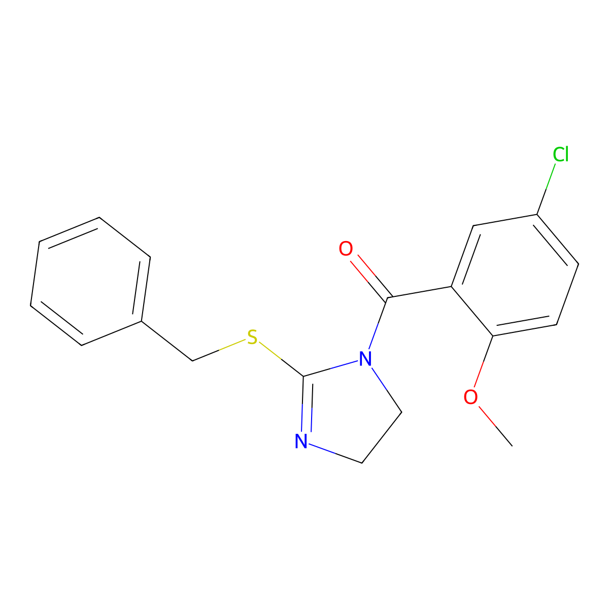 (2-(benzylthio)-4,5-dihydro-1H-imidazol-1-yl)(5-chloro-2-methoxyphenyl)methanone molecular structure, CAS 851864-08-9