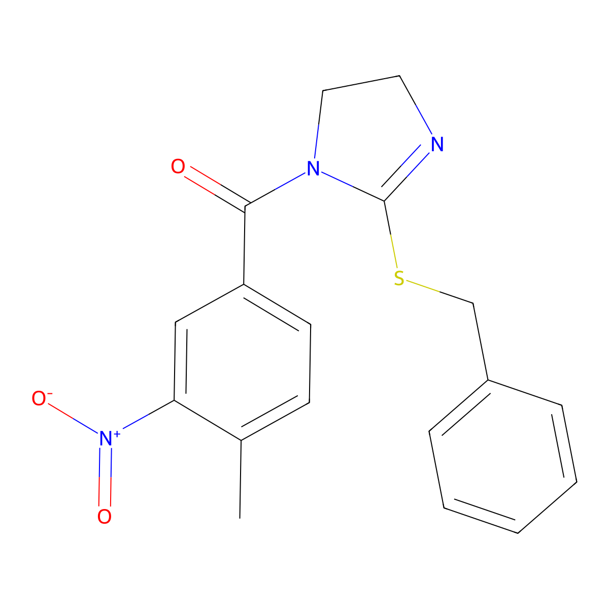 (2-Benzylsulfanyl-4,5-dihydroimidazol-1-yl)-(4-methyl-3-nitrophenyl)methanone molecular structure, CAS 851864-16-9