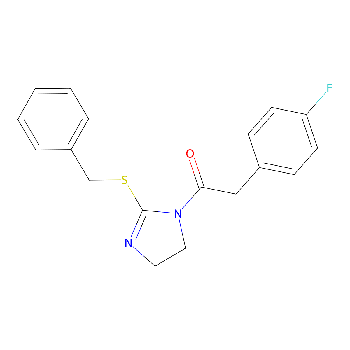 1-(2-(benzylthio)-4,5-dihydro-1H-imidazol-1-yl)-2-(4-fluorophenyl)ethanone molecular structure, CAS 851864-40-9