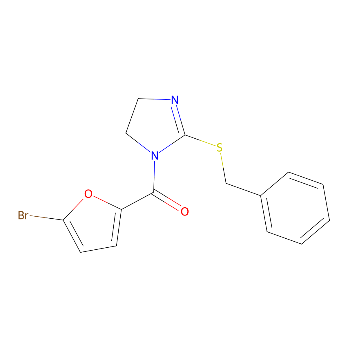 (2-(benzylthio)-4,5-dihydro-1H-imidazol-1-yl)(5-bromofuran-2-yl)methanone molecular structure, CAS 851864-62-5