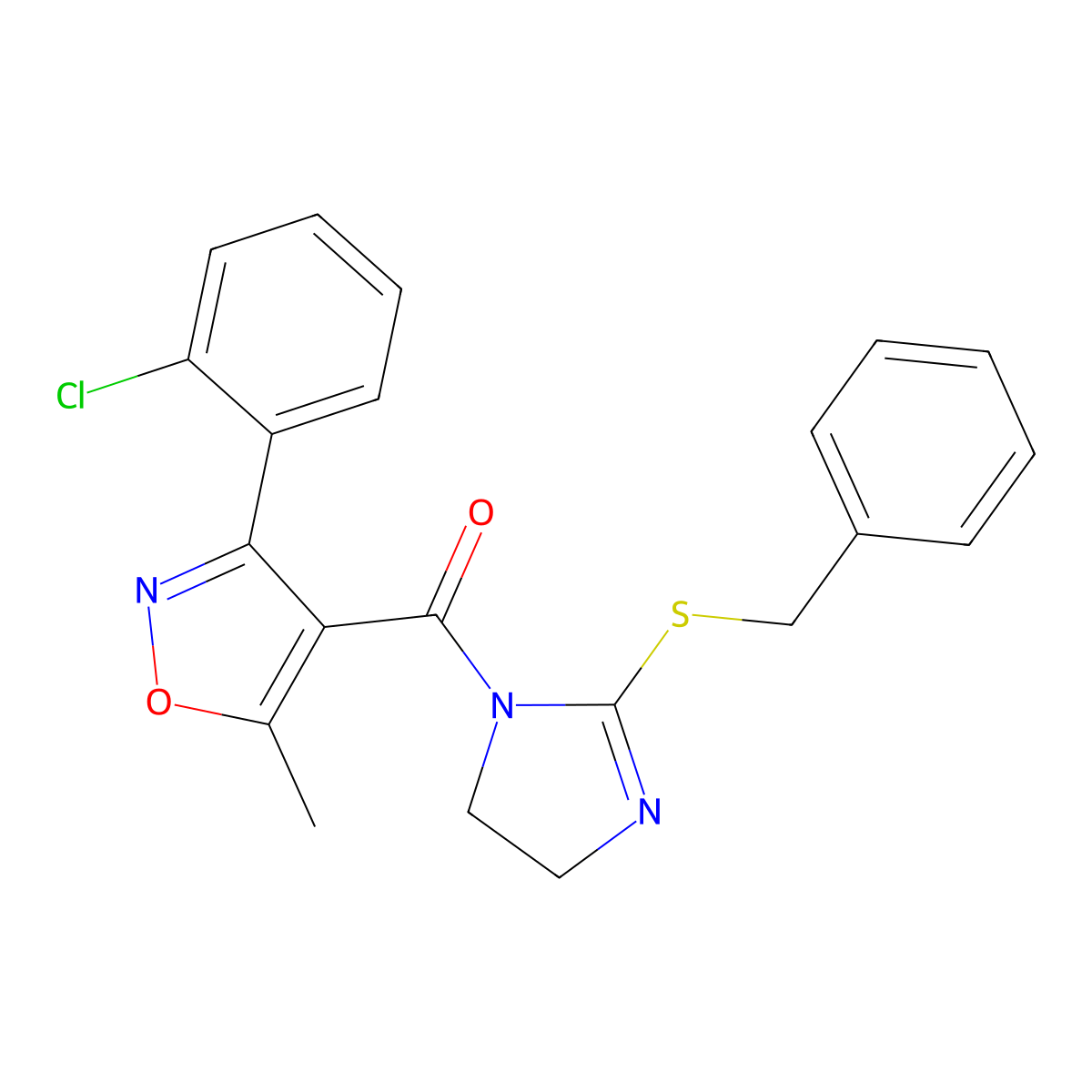 (2-(benzylthio)-4,5-dihydro-1H-imidazol-1-yl)(3-(2-chlorophenyl)-5-methylisoxazol-4-yl)methanone molecular structure, CAS 851864-64-7