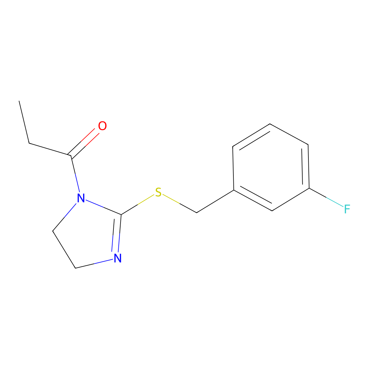 1-[2-[(3-Fluorophenyl)methylsulfanyl]-4,5-dihydroimidazol-1-yl]propan-1-one molecular structure, CAS 851864-68-1