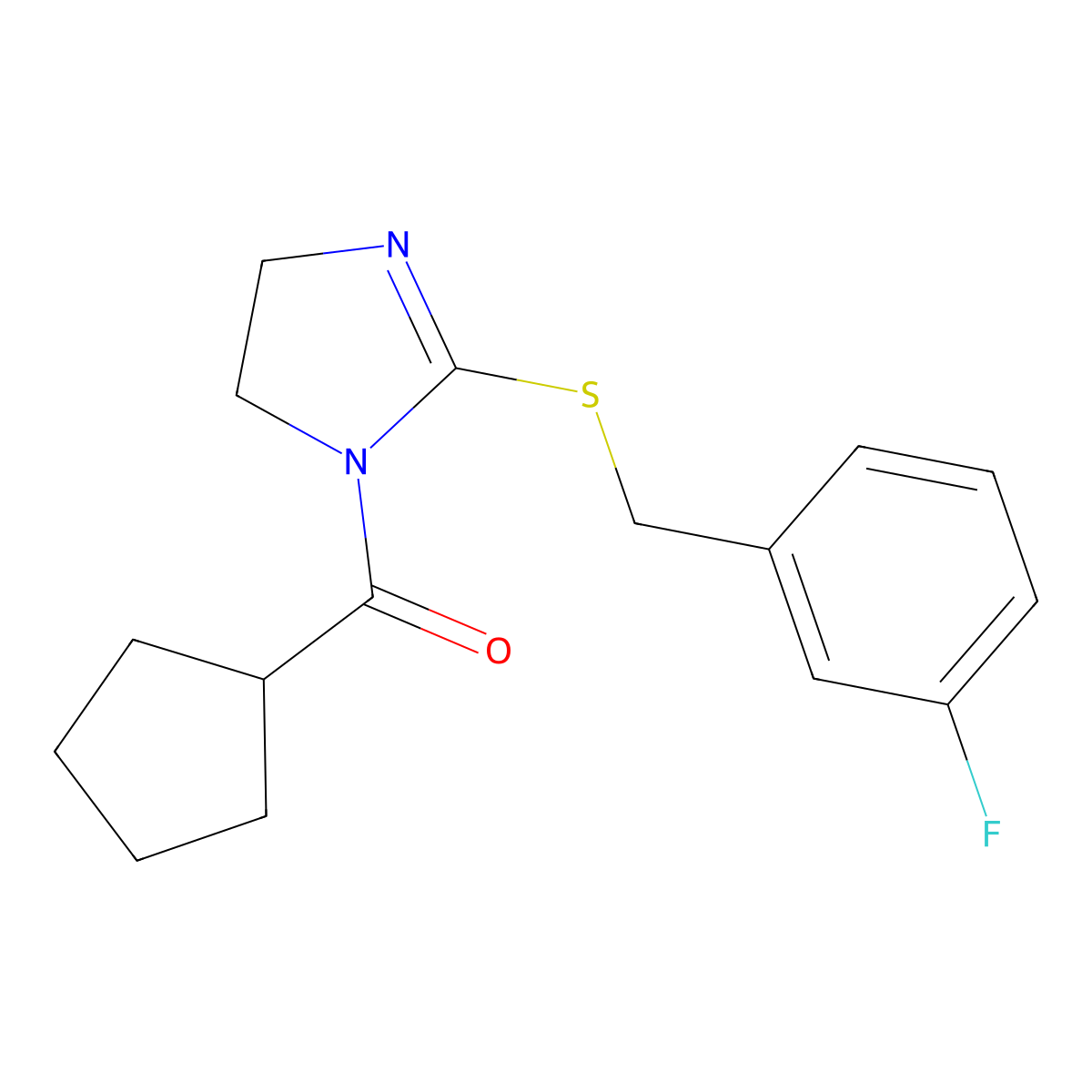 cyclopentyl(2-((3-fluorobenzyl)thio)-4,5-dihydro-1H-imidazol-1-yl)methanone molecular structure, CAS 851864-71-6