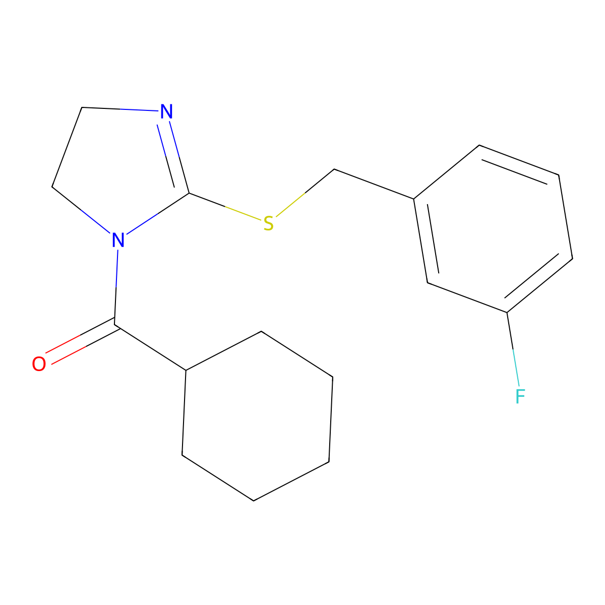 cyclohexyl(2-((3-fluorobenzyl)thio)-4,5-dihydro-1H-imidazol-1-yl)methanone molecular structure, CAS 851864-73-8