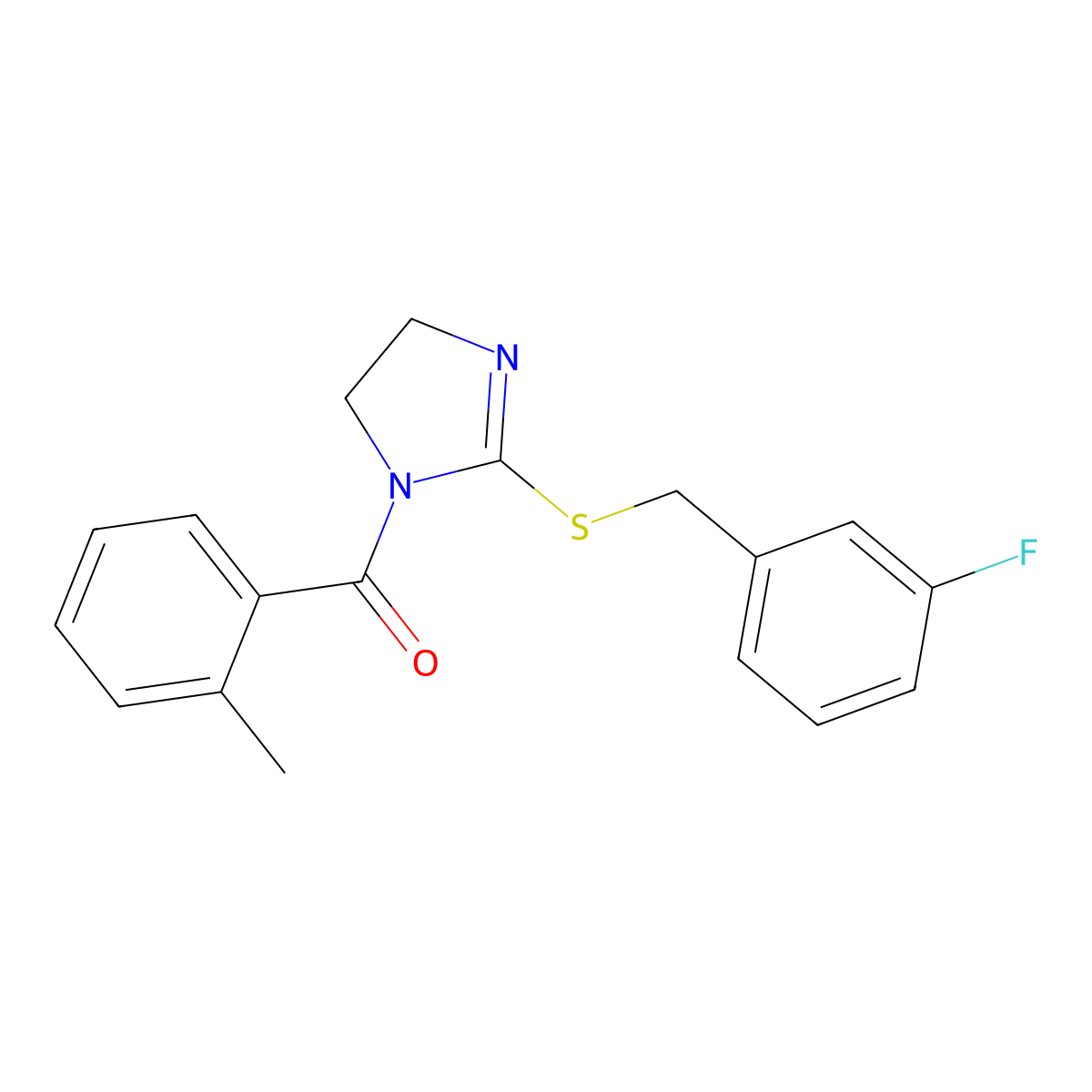 (2-((3-fluorobenzyl)thio)-4,5-dihydro-1H-imidazol-1-yl)(o-tolyl)methanone molecular structure, CAS 851864-76-1