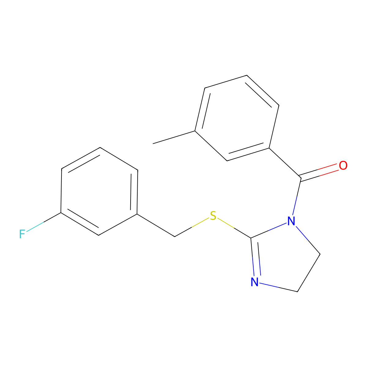 (2-((3-fluorobenzyl)thio)-4,5-dihydro-1H-imidazol-1-yl)(m-tolyl)methanone molecular structure, CAS 851864-78-3