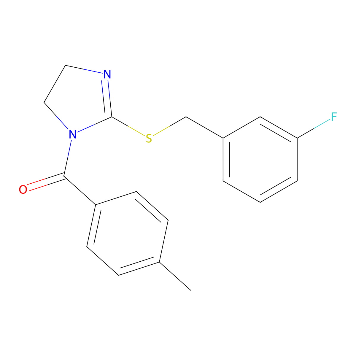 (2-((3-fluorobenzyl)thio)-4,5-dihydro-1H-imidazol-1-yl)(p-tolyl)methanone molecular structure, CAS 851864-79-4