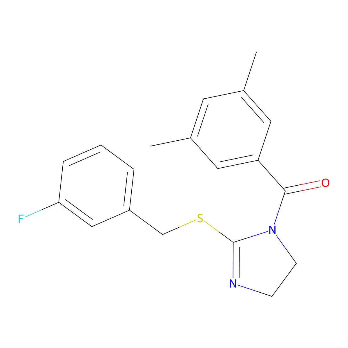 (3,5-dimethylphenyl)(2-((3-fluorobenzyl)thio)-4,5-dihydro-1H-imidazol-1-yl)methanone molecular structure, CAS 851864-81-8