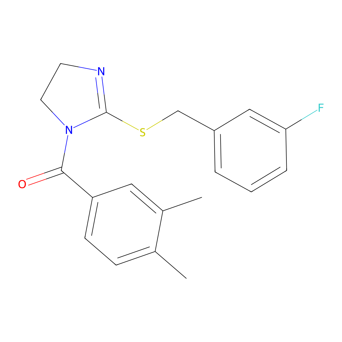 (3,4-Dimethylphenyl)-[2-[(3-fluorophenyl)methylsulfanyl]-4,5-dihydroimidazol-1-yl]methanone molecular structure, CAS 851864-83-0