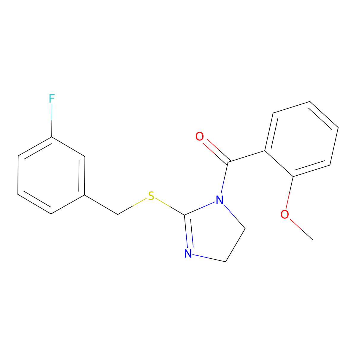 (2-((3-fluorobenzyl)thio)-4,5-dihydro-1H-imidazol-1-yl)(2-methoxyphenyl)methanone molecular structure, CAS 851864-85-2