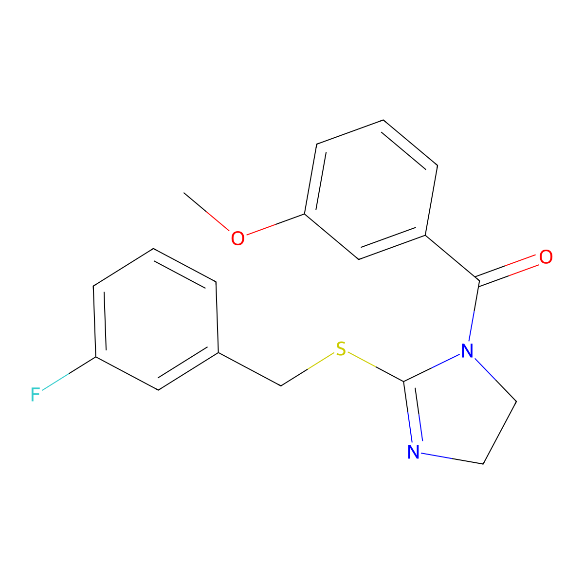 (2-((3-fluorobenzyl)thio)-4,5-dihydro-1H-imidazol-1-yl)(3-methoxyphenyl)methanone molecular structure, CAS 851864-87-4