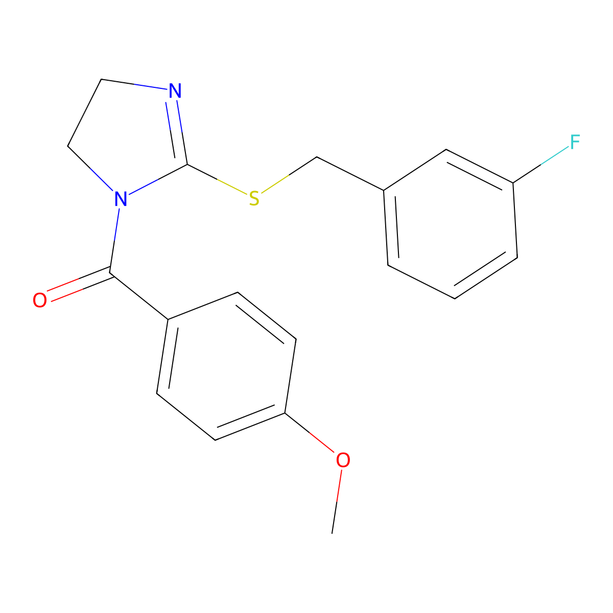 (2-((3-fluorobenzyl)thio)-4,5-dihydro-1H-imidazol-1-yl)(4-methoxyphenyl)methanone molecular structure, CAS 851864-89-6