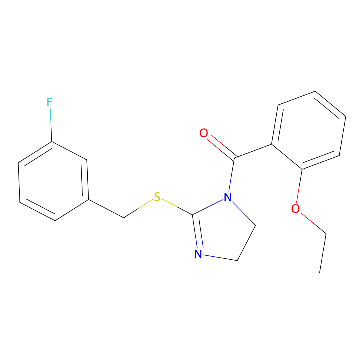 (2-ethoxyphenyl)(2-((3-fluorobenzyl)thio)-4,5-dihydro-1H-imidazol-1-yl)methanone molecular structure, CAS 851864-91-0