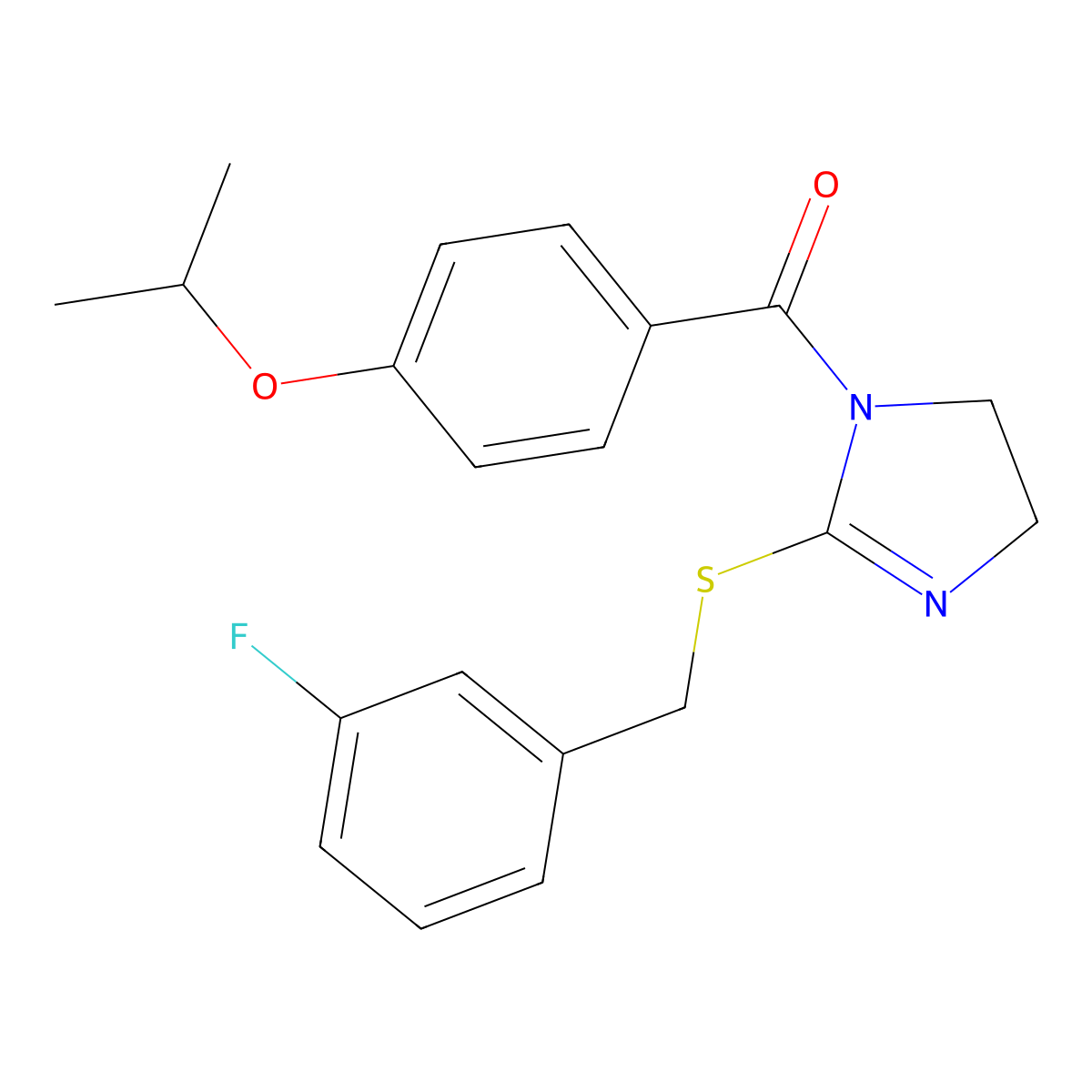 (2-((3-fluorobenzyl)thio)-4,5-dihydro-1H-imidazol-1-yl)(4-isopropoxyphenyl)methanone molecular structure, CAS 851864-95-4