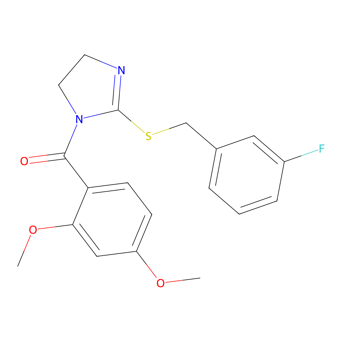 (2,4-Dimethoxyphenyl)-[2-[(3-fluorophenyl)methylsulfanyl]-4,5-dihydroimidazol-1-yl]methanone molecular structure, CAS 851864-96-5