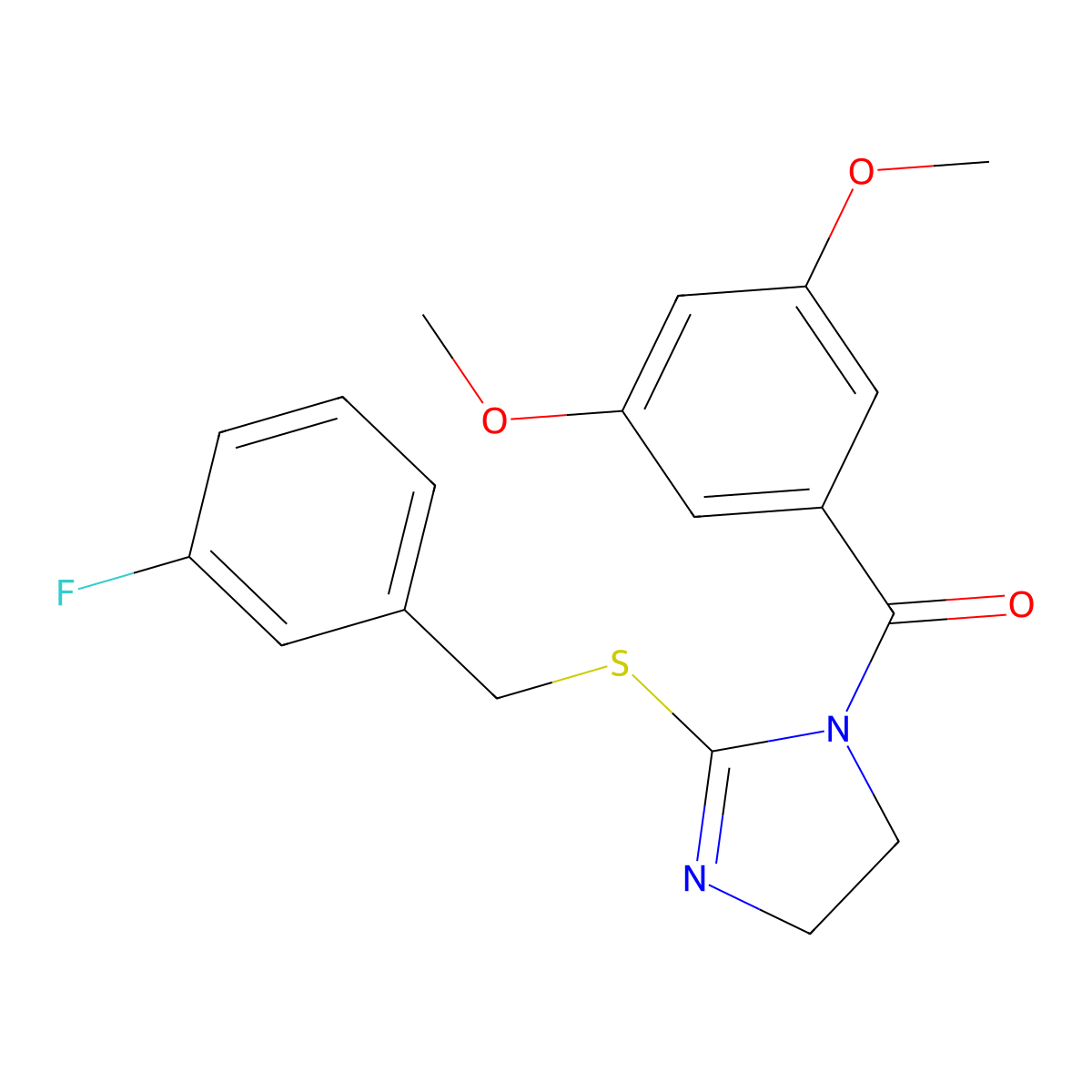 (3,5-dimethoxyphenyl)(2-((3-fluorobenzyl)thio)-4,5-dihydro-1H-imidazol-1-yl)methanone molecular structure, CAS 851864-99-8
