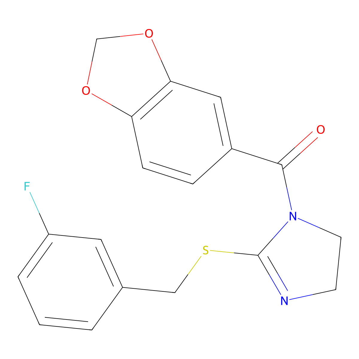 1,3-Benzodioxol-5-yl-[2-[(3-fluorophenyl)methylsulfanyl]-4,5-dihydroimidazol-1-yl]methanone molecular structure, CAS 851865-00-4
