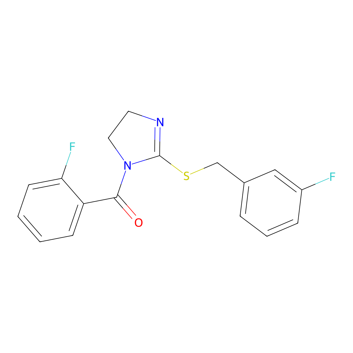 (2-((3-fluorobenzyl)thio)-4,5-dihydro-1H-imidazol-1-yl)(2-fluorophenyl)methanone molecular structure, CAS 851865-04-8