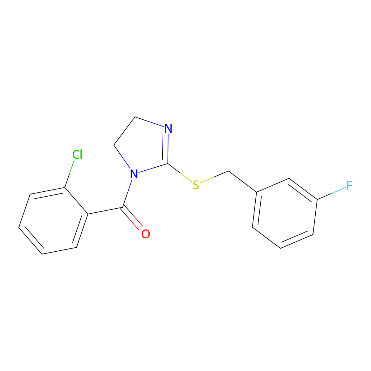 (2-chlorophenyl)(2-((3-fluorobenzyl)thio)-4,5-dihydro-1H-imidazol-1-yl)methanone molecular structure, CAS 851865-07-1