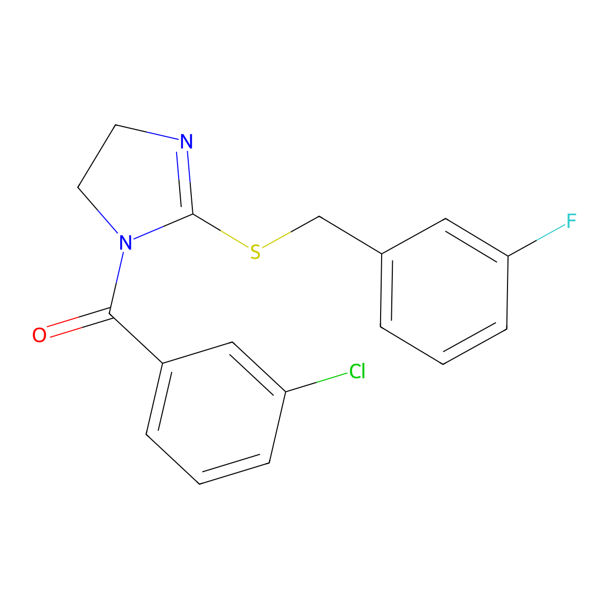 (3-Chlorophenyl)-[2-[(3-fluorophenyl)methylsulfanyl]-4,5-dihydroimidazol-1-yl]methanone molecular structure, CAS 851865-08-2