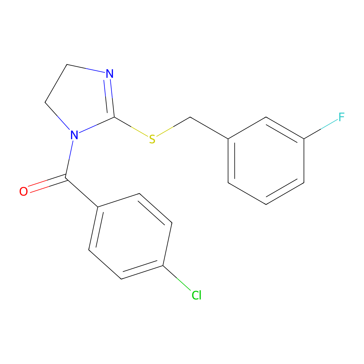 (4-chlorophenyl)(2-((3-fluorobenzyl)thio)-4,5-dihydro-1H-imidazol-1-yl)methanone molecular structure, CAS 851865-09-3