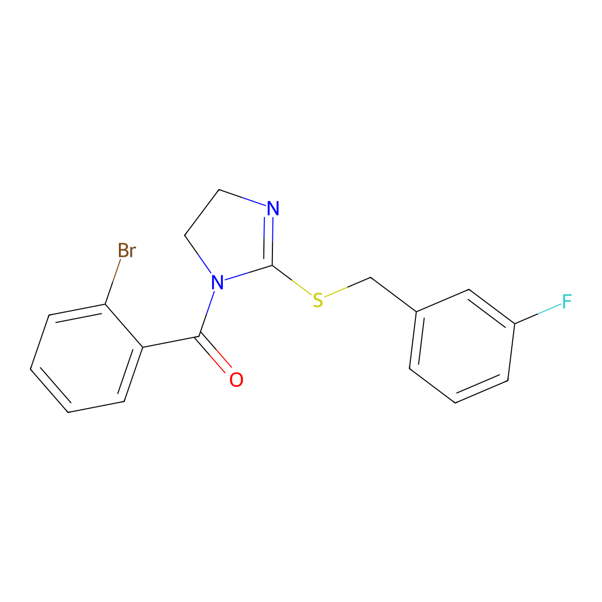 (2-bromophenyl)(2-((3-fluorobenzyl)thio)-4,5-dihydro-1H-imidazol-1-yl)methanone molecular structure, CAS 851865-10-6