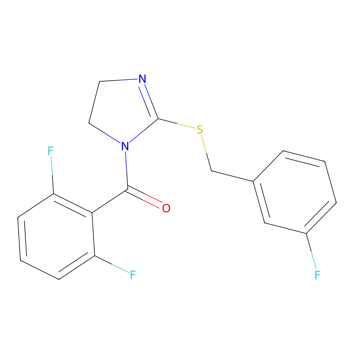 (2,6-difluorophenyl)(2-((3-fluorobenzyl)thio)-4,5-dihydro-1H-imidazol-1-yl)methanone molecular structure, CAS 851865-13-9