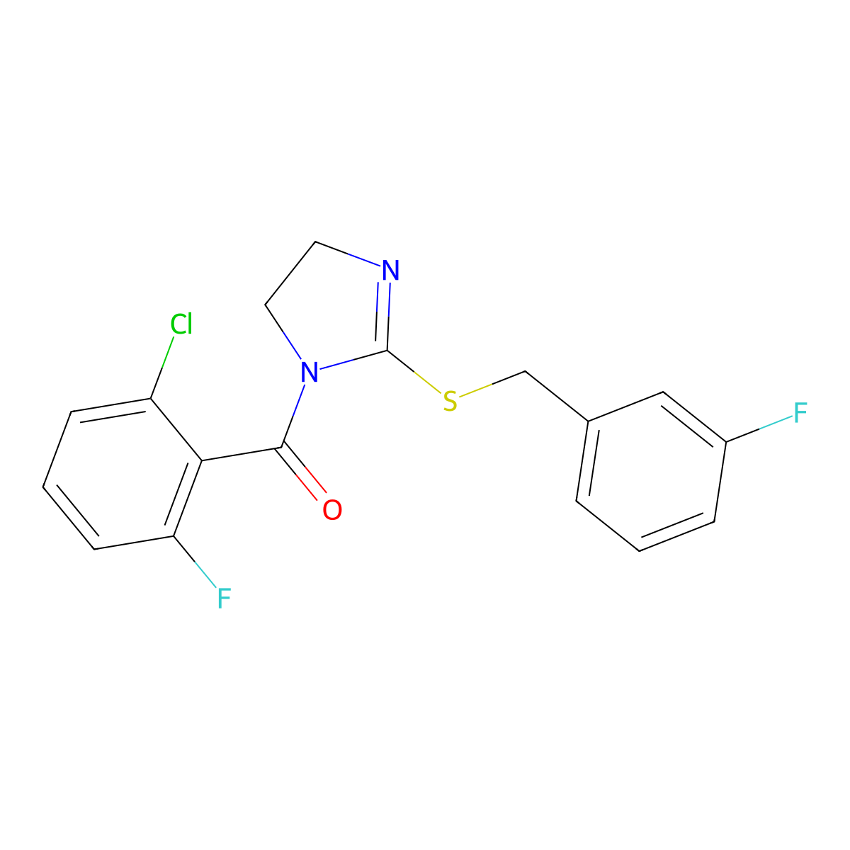 (2-chloro-6-fluorophenyl)(2-((3-fluorobenzyl)thio)-4,5-dihydro-1H-imidazol-1-yl)methanone molecular structure, CAS 851865-15-1