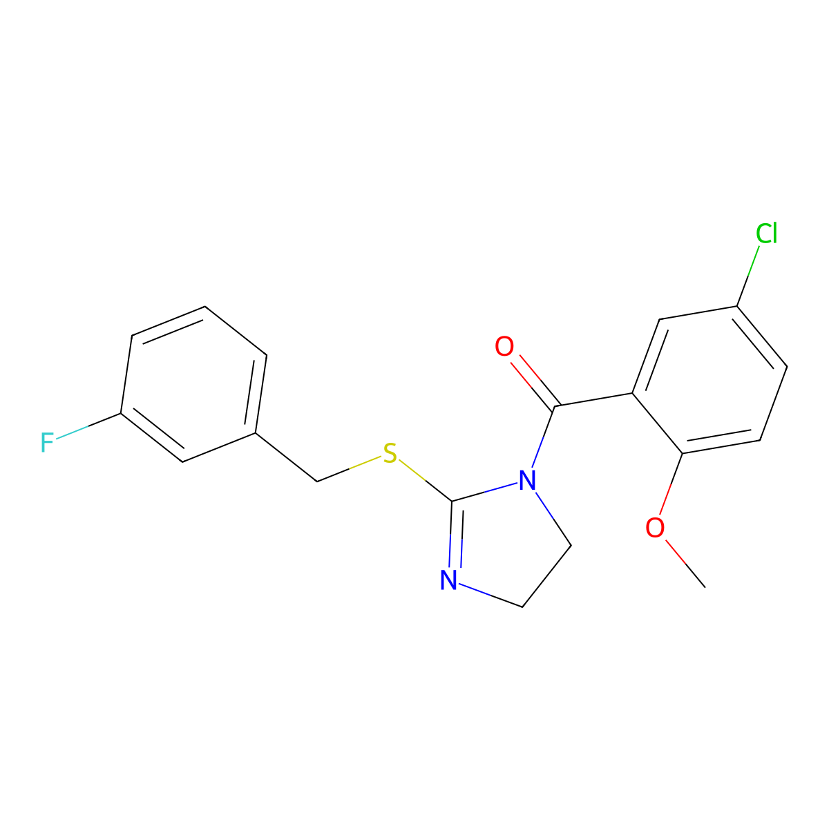 (5-Chloro-2-methoxyphenyl)-[2-[(3-fluorophenyl)methylsulfanyl]-4,5-dihydroimidazol-1-yl]methanone molecular structure, CAS 851865-16-2