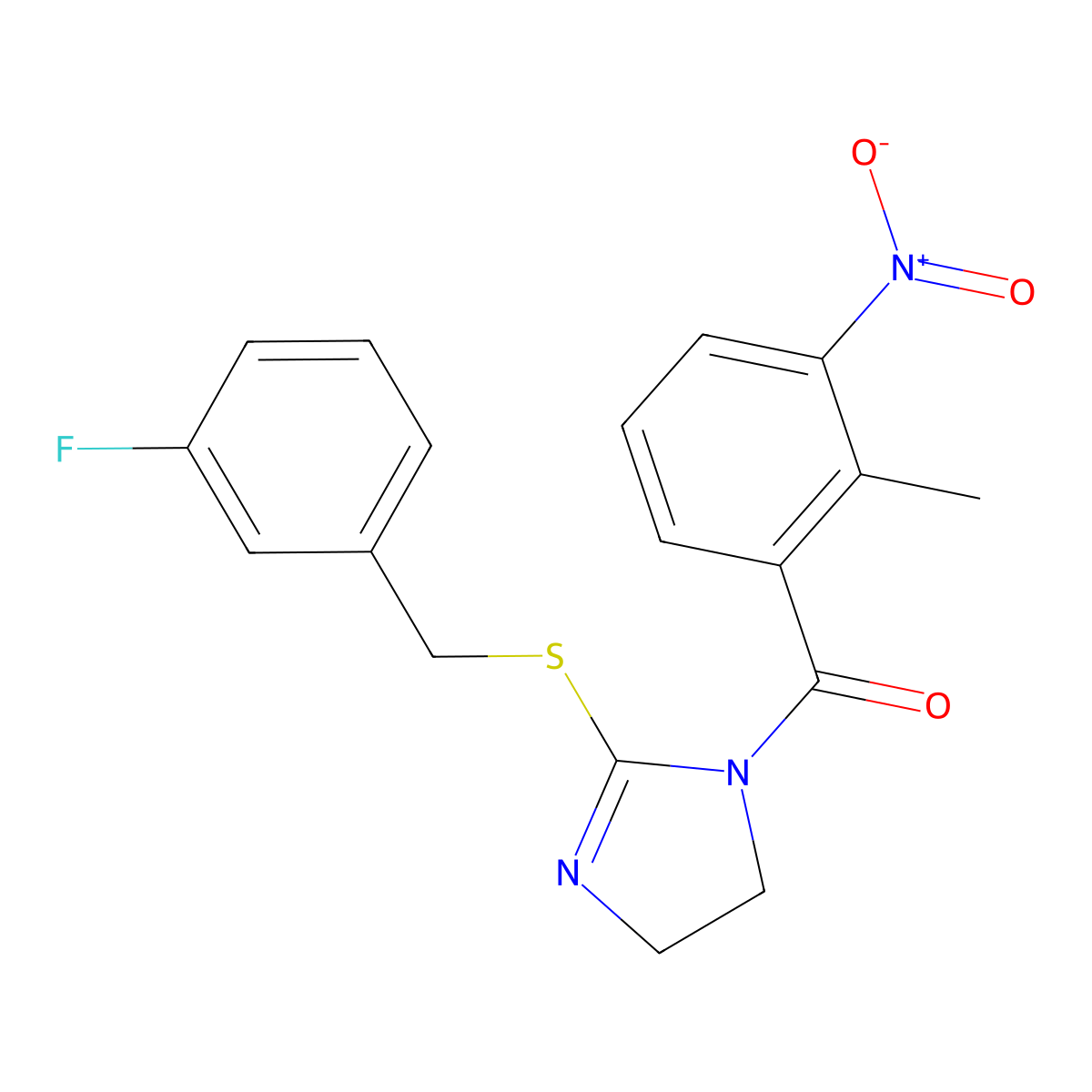 (2-((3-fluorobenzyl)thio)-4,5-dihydro-1H-imidazol-1-yl)(2-methyl-3-nitrophenyl)methanone molecular structure, CAS 851865-20-8