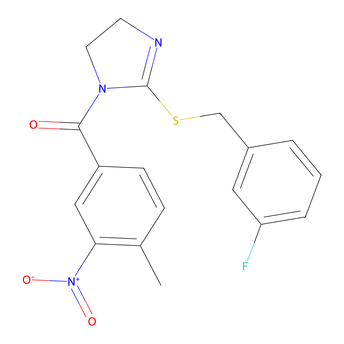 [2-[(3-Fluorophenyl)methylsulfanyl]-4,5-dihydroimidazol-1-yl]-(4-methyl-3-nitrophenyl)methanone molecular structure, CAS 851865-21-9
