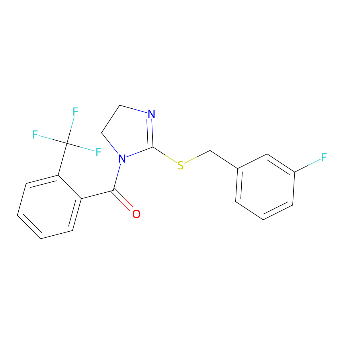 [2-[(3-Fluorophenyl)methylsulfanyl]-4,5-dihydroimidazol-1-yl]-[2-(trifluoromethyl)phenyl]methanone molecular structure, CAS 851865-22-0