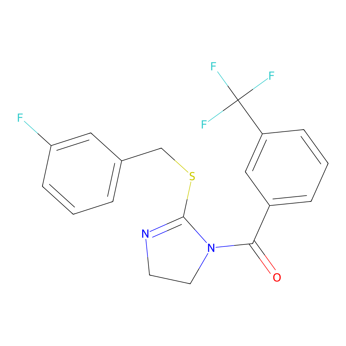 (2-((3-fluorobenzyl)thio)-4,5-dihydro-1H-imidazol-1-yl)(3-(trifluoromethyl)phenyl)methanone molecular structure, CAS 851865-23-1