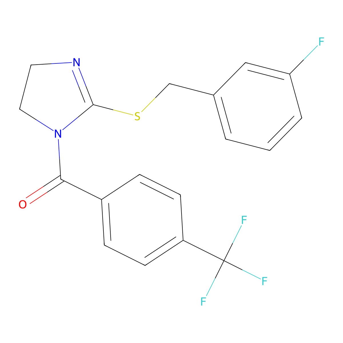 [2-[(3-Fluorophenyl)methylsulfanyl]-4,5-dihydroimidazol-1-yl]-[4-(trifluoromethyl)phenyl]methanone molecular structure, CAS 851865-24-2