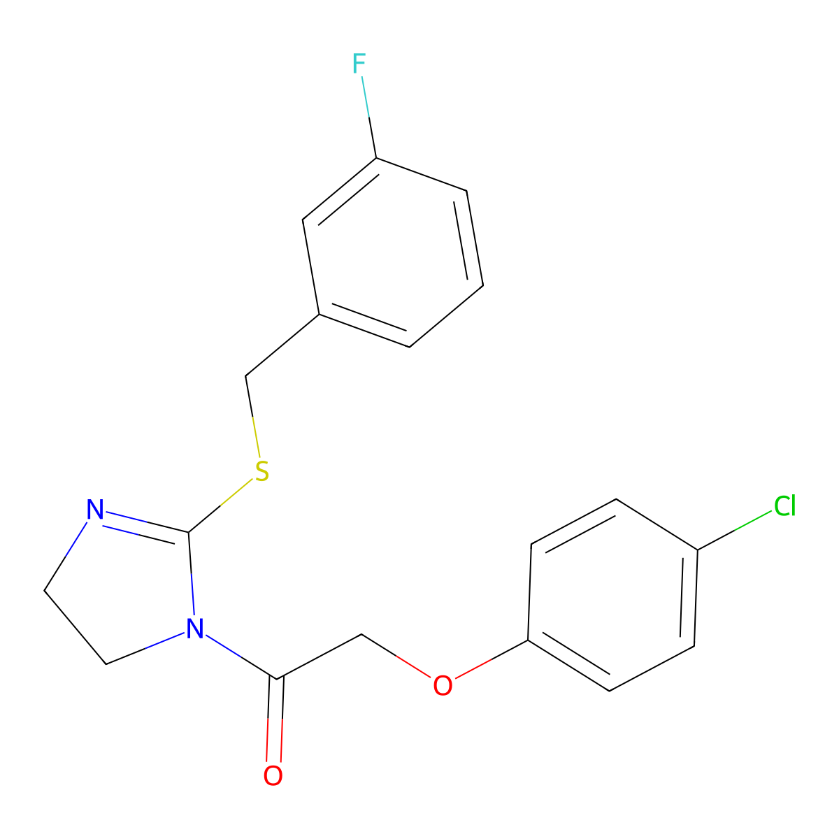 2-(4-chlorophenoxy)-1-(2-((3-fluorobenzyl)thio)-4,5-dihydro-1H-imidazol-1-yl)ethanone molecular structure, CAS 851865-26-4