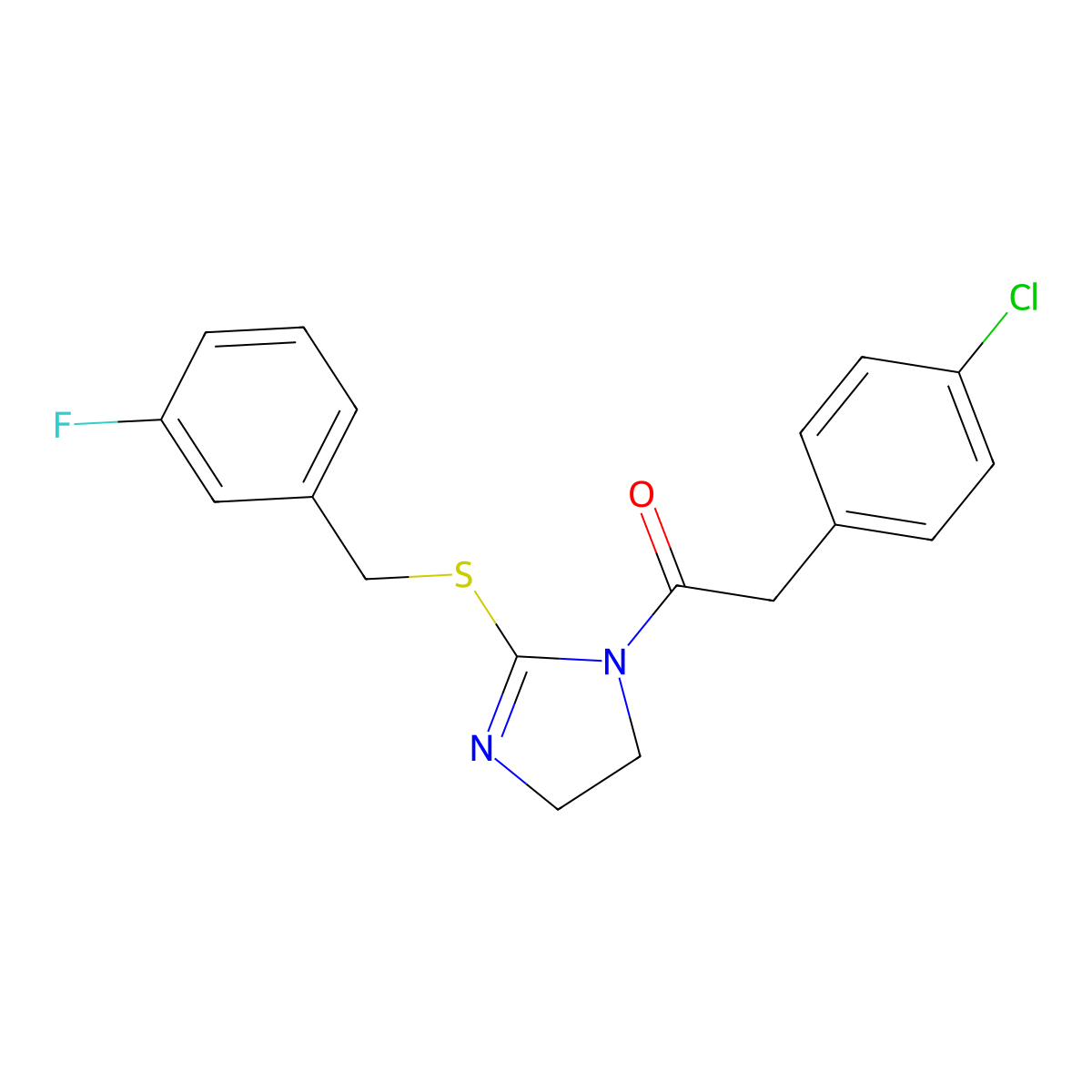 2-(4-chlorophenyl)-1-(2-((3-fluorobenzyl)thio)-4,5-dihydro-1H-imidazol-1-yl)ethanone molecular structure, CAS 851865-34-4