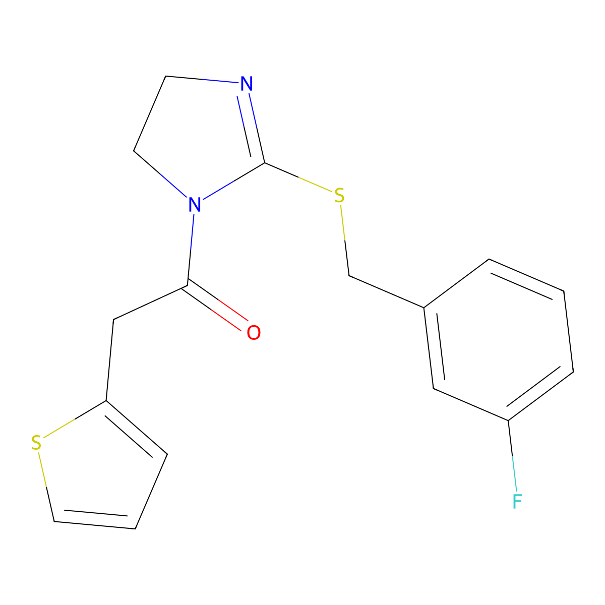 1-[2-[(3-Fluorophenyl)methylsulfanyl]-4,5-dihydroimidazol-1-yl]-2-thiophen-2-ylethanone molecular structure, CAS 851865-36-6