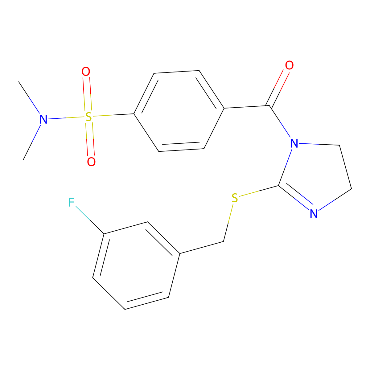 4-[2-[(3-fluorophenyl)methylsulfanyl]-4,5-dihydroimidazole-1-carbonyl]-N,N-dimethylbenzenesulfonamide molecular structure, CAS 851865-37-7