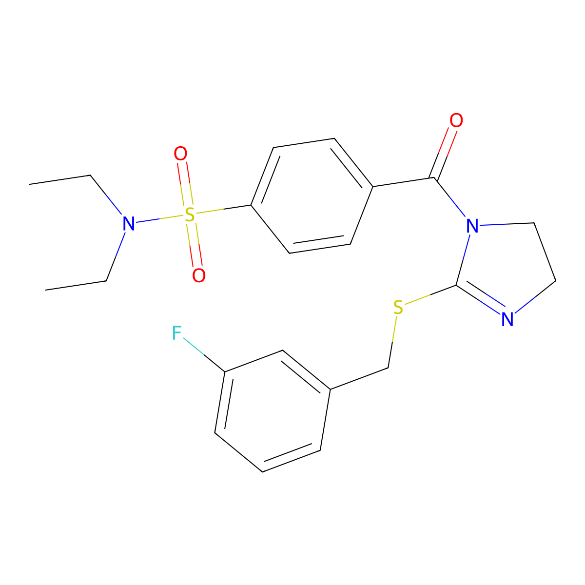 N,N-diethyl-4-(2-((3-fluorobenzyl)thio)-4,5-dihydro-1H-imidazole-1-carbonyl)benzenesulfonamide molecular structure, CAS 851865-38-8