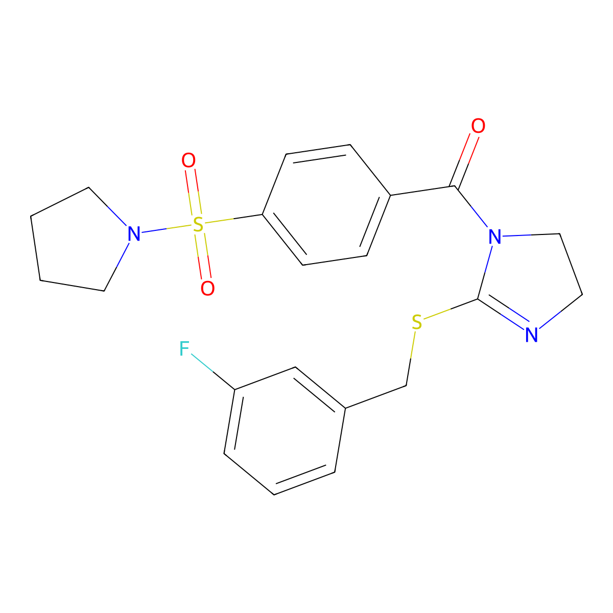 [2-[(3-Fluorophenyl)methylsulfanyl]-4,5-dihydroimidazol-1-yl]-(4-pyrrolidin-1-ylsulfonylphenyl)methanone molecular structure, CAS 851865-39-9