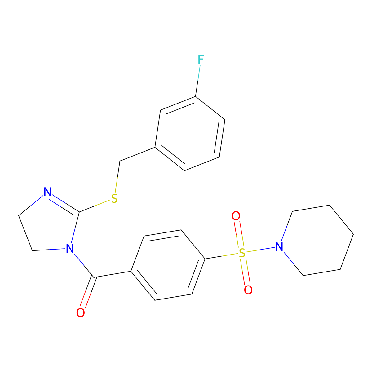 (2-((3-fluorobenzyl)thio)-4,5-dihydro-1H-imidazol-1-yl)(4-(piperidin-1-ylsulfonyl)phenyl)methanone molecular structure, CAS 851865-40-2