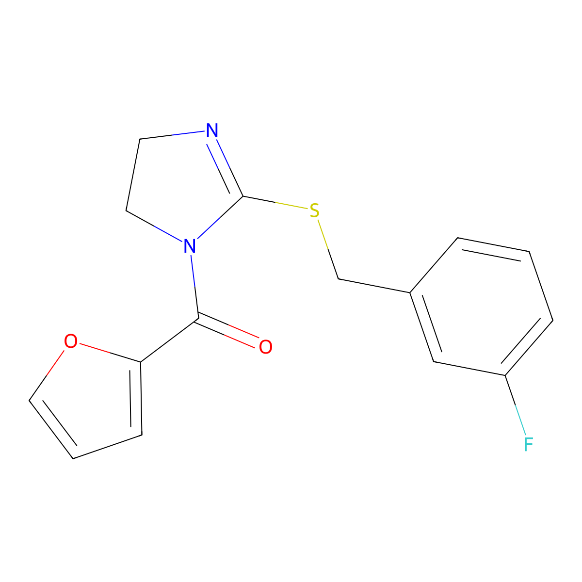 (2-((3-fluorobenzyl)thio)-4,5-dihydro-1H-imidazol-1-yl)(furan-2-yl)methanone molecular structure, CAS 851865-42-4
