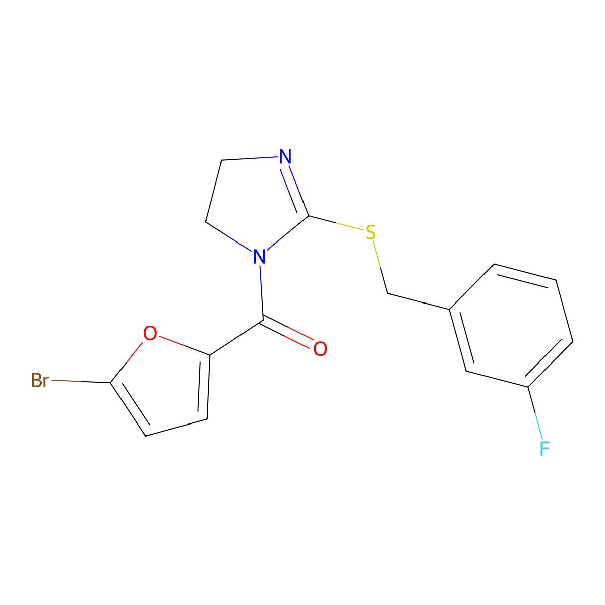 (5-Bromofuran-2-yl)-[2-[(3-fluorophenyl)methylsulfanyl]-4,5-dihydroimidazol-1-yl]methanone molecular structure, CAS 851865-43-5