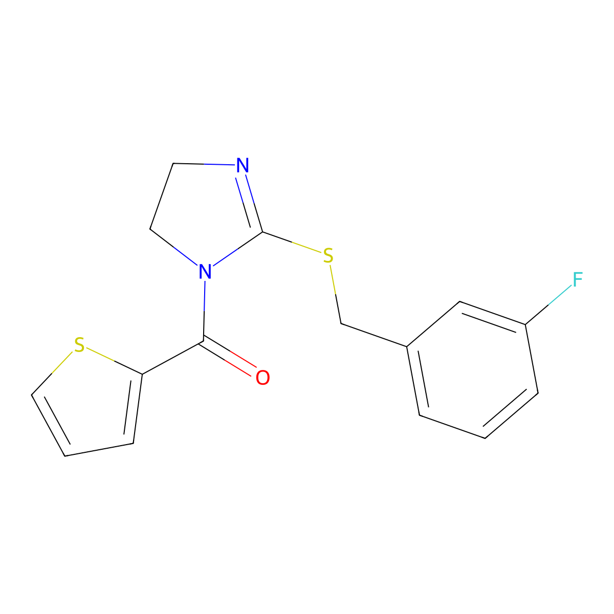 (2-((3-fluorobenzyl)thio)-4,5-dihydro-1H-imidazol-1-yl)(thiophen-2-yl)methanone molecular structure, CAS 851865-44-6