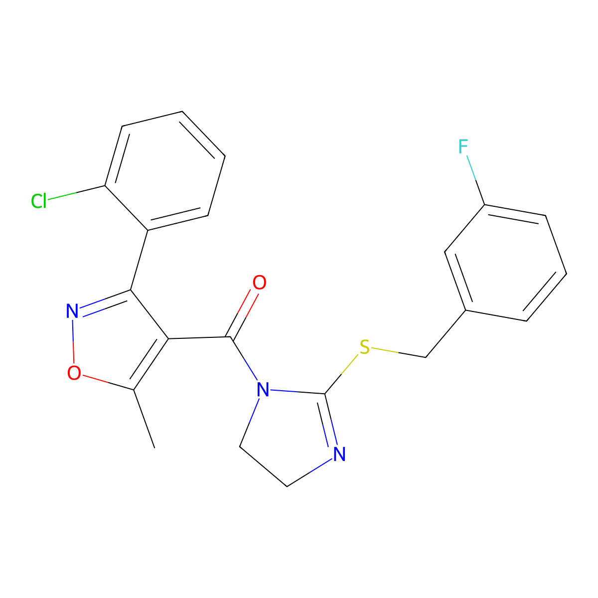 (3-(2-chlorophenyl)-5-methylisoxazol-4-yl)(2-((3-fluorobenzyl)thio)-4,5-dihydro-1H-imidazol-1-yl)methanone molecular structure, CAS 851865-45-7